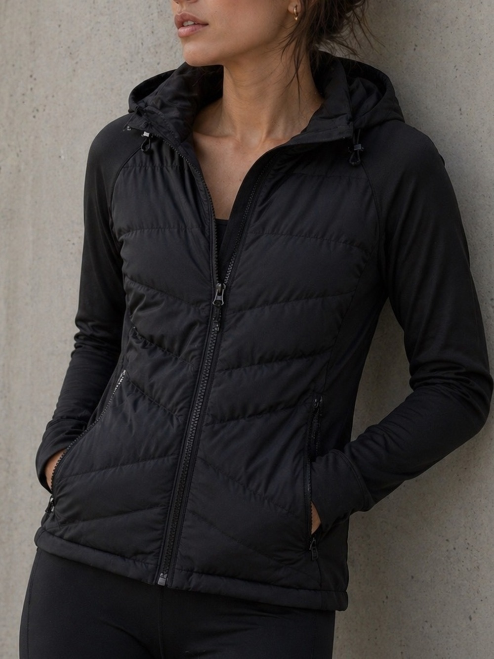 Athleta Black Goose Down Hybrid Hooded Jacket Fitted Minimalist